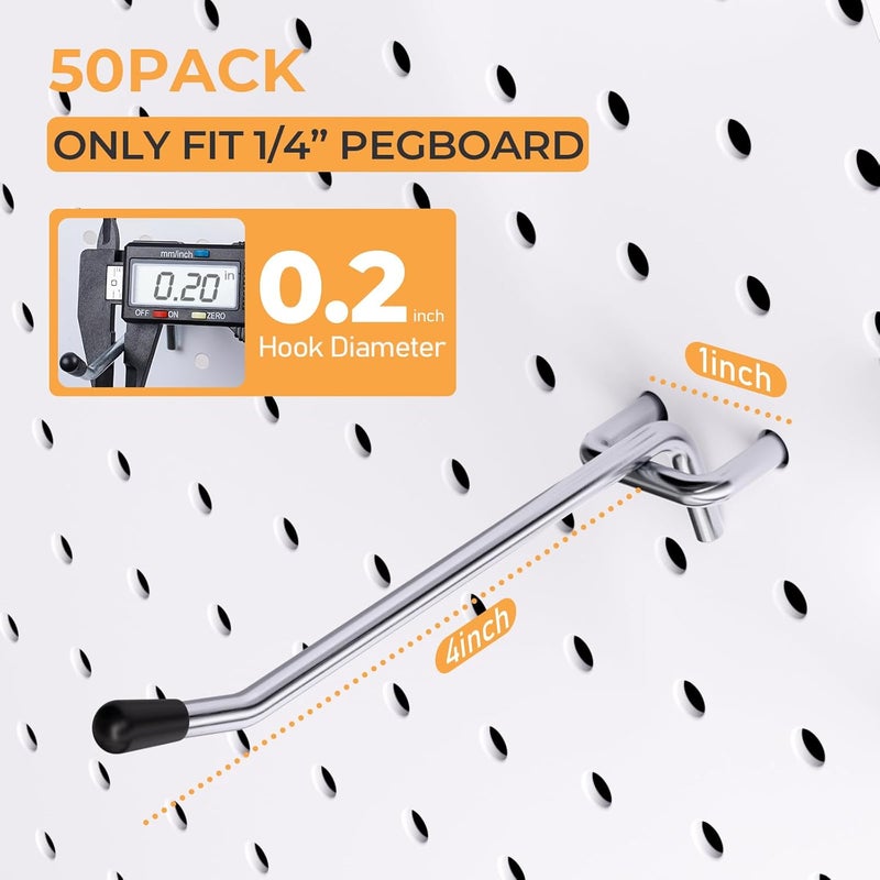 INCLY 50 Pack 4 Inch Pegboard Hooks, 1/4" Heavy Duty Peg Board Hooks Accessories with Rubber Tipped, Peg Board Tool Hangers Fit 1/4" Pegboard for Hanging Tools Garage, Craft Room, Kitchen, Store - Image 2